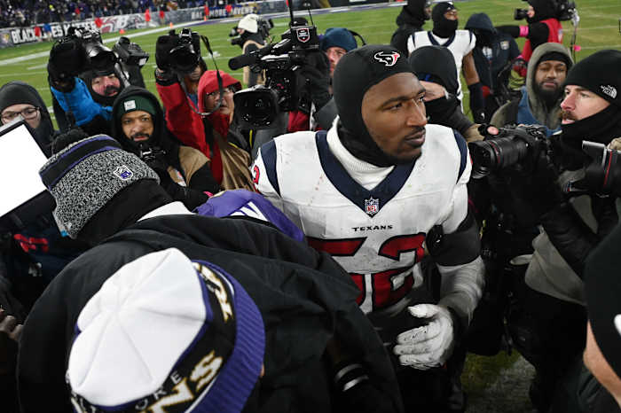 Former Texans' defensive end Jonathan Greenard following postseason defeat to the Baltimore Ravens